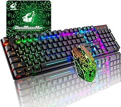 T3 Upgrade Wireless Keyboard Mouse Combo, Rainbow Backlit 2.4G Rechargeable Mechanical Feel Gaming Keyboard + 2400DPI 6 Buttons Optical Rainbow LED Gaming Mouse + Gaming Mouse Pads (Black)