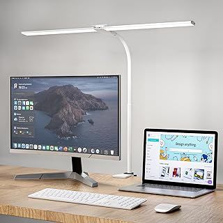 Hensam LED Desk Lamp for Office,Double Head Desk Light with Clamp,Monitor Light Bar 5 Color Modes,Table Lamp for Study,Bedroom,Work,Task,Touch Control,Reading,Eye-Caring,Adpter,12W,1400lumen White