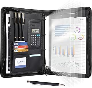 Leathario Portfolio Folder A4, Vegan Leather 4-Ring Conference Folder, Includes 5 Clear Sheet Protectors and a Pen, Multi-Pocket Travel Document Holder, Folder Organiser, Office Supplies
