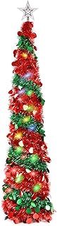 1.5M/5FT Collapsible Pop Up Tinsel Tree,Artificial Christmas Tree with Shiny Sequins and LED Light for Xmas Holiday Home Party Decoration(Red&Green)