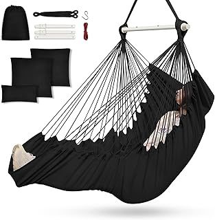 Hammock Chair, Cotton Rope Handwoven Chair with Collapsible Metal Spreader Bar Max 440 LBS for Indoor&Outdoor, Patio, Garden, Yard (Khaki)