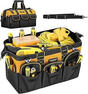 Heavy Duty Tool Bag with Adjustable Shoulder Strap, Waterproof Wide Open Mouth Tools Storage Organiser, 18 Inch, Yellow