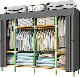Portable Wardrobe Portable Closet Storage Organizer Cloth Closet Colored Rods and Grey Cover Quick and Easy to Assemble, Extra Sturdy, Strong and Durable 200x43x168CM