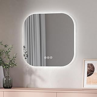 EMKE Led Bathroom Mirror - 600x600mm Frameless Wall Mounted Mirror with Lights, Illuminated Bathroom Mirror with Touch, Anti-Fog, Dimmable & 3 Colors, Memory Function for Living Room, Dressing room