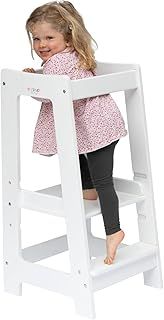Toddler Tower with Adjustable Step, White Montessori-Inspired Toddler Step Stool, Standing Tower for Kids, Fits Under Kitchen Counters, Adjustable for 18 Month - 5 Years