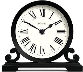 Jones Clocks® Saloon mantel clock | Traditional double scroll design | Black | Roman numerals | Classic style for desk, table, shelf or bedside