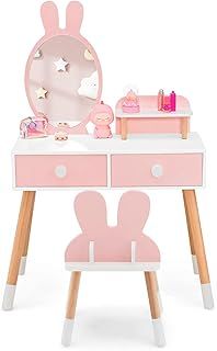 2-in-1 Kids Vanity Table and Chair Set, Wooden Children Make Up Table with Detachable Mirror, 2 Pull-out Drawers and Storage Shelf, Toddlers Dressing Table Set for Girls (Pink)