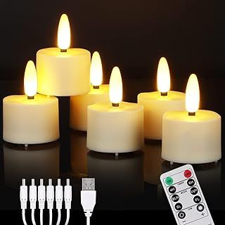 6pcs Rechargeable Tea Light with Remote Control and Timer Led Tea Lights Flickering Flameless Candles Warm White Dimmable (Rechargeable, Dimmable, Remote Control, Pack of 6)