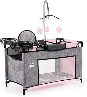 Bayer Design 62633AB Doll bed with integrated high chair, changing table, mobile, jeans-grey, pink
