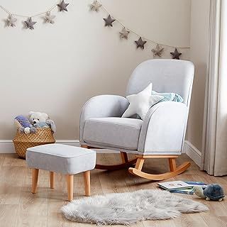 Freya Nursing Chair & Footstool Grey - Elegant Rocking Chair for Timeless Comfort With Sturdy Wooden Legs, Soft Fabric & Stylish Armrests, Contoured Backrest Enhances Support | Safety Tested