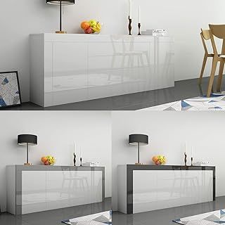Panana Living Room Large Sideboard Cabinet High Gloss Front and Top Chest of Drawers 2 Door 2 Drawer 2 Flap Storage Cupboard W200xD35xH72cm (Grey)