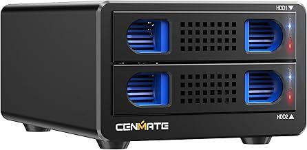 CENMATE Aluminum Dual Bay Hard Drive Enclosure with Cooling Fan for 2.5“/3.5" SATA HDD/SSD with USB A/C 3.0, Support Hot Swappable, Daisy Chain Expansion, Tool-Free HDD Enclosure, DAS(NO RAID/NAS)