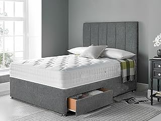 4 FT Small Double Bed Set with 2000 Series Mattress - Grey Linen Divan Bed Set with Versatile Storage Options – 6 Panel Headboard with Chrome Glider Feet (Small Double)
