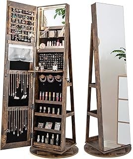COSTWAY 360°Swivel Jewelry Cabinet, Lockable Jewelry Armoire Storage Unit with Full-Length Mirror & 3-Color Auto-on LED Lights, Home Bedroom Dressing Room Cosmetics Jewellery Organiser (Rustic Brown)