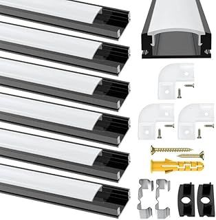 6Pack LED Aluminum Channels Black, 3.3ft/1Meter U Shape LED Strip Diffuser Profile with Milky White Cover, End Caps, Mounting Clips, Aluminum Track with 90 Degrees Connectors for LED Strip Lights