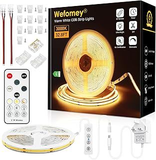 White COB Led Strip Lights with RF Remote, 10m Dimmable Ultra Bright 3000K Warm White LED Strip, Adhesive Indoor LED Lights for Bedroom, Kitchen, Under Cabinet DIY Lighting, 1 Roll of 10m