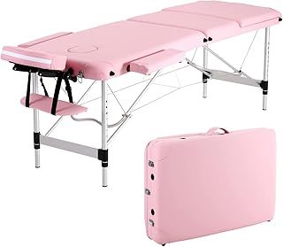Panana Portable Folding Massage Table Beauty Salon Tattoo Therapy Couch Bed 3 Section Aluminum Frame (Pink)