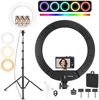 18 inch LED Ring Light with Tripod Stand & 3 Phone Holder, 26 RGB Mode 2700K-7000K Dimmable Selfie Ring Light for Live Streaming, Makeup, Camera, Selfie,YouTube