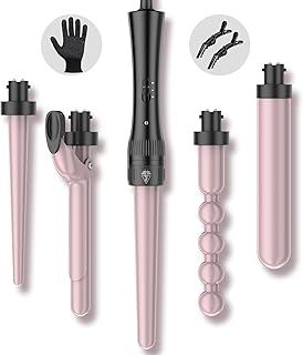 Hair Curling Wand Iron Tongs with Anti-Scald Head, 5 in 1 Hair Curler for Long Hair 10mm-32mm with 2 Crocodile Clips 1 Anti-Scald Silicone Gloves, PTC Ceramic LCD 180°C & 210°C