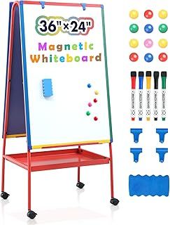 SWANCROWN Double-Sided Whiteboard with Stand 90x60cm, Mobile Whiteboard Teaching Easel with Storage Tray for Classroom Home School, Colorful Aluminum Frame, Height Adjustable