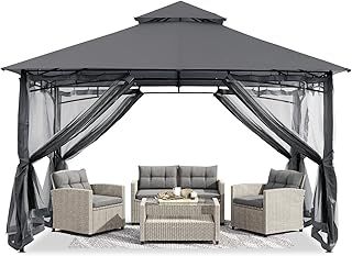 ABCCANOPY 3x3M Gazebos With Netting for Patios Double Roof Soft Canopy Garden Backyard Gazebo for Shade and Rain (Gray)