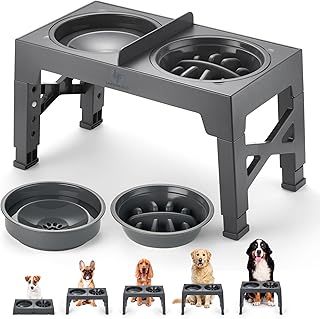 Raised Dog Bowls with Stand, Non-Spill Divider & Slow Feeding Bowl - Dog Feeding Station with Elevated Dog Bowls - Adjustable Height Dog Bowl Stand with Raised Dog Bowl