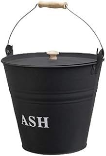 Metal Ash Bucket With Lid Wooden Handle Fireplace Container Litre Black Coal | Wooden Handle & Lid Handle | Log Holder | Fireplace Fire Pit Wood Burning Stove Bin | 12L
