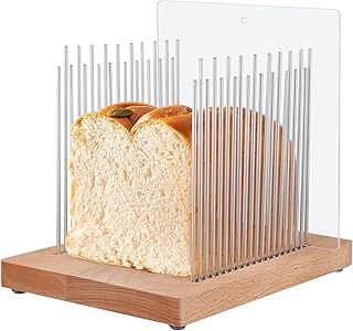 Bread Slicer, Stainless Steel Bread Slicers for Homemade Bread, Foldable Wooden Bread Slicer Guide with Adjustable Width, Bread Loaf Cutter for Homemade Bread, Sourdough Rounds, Bagels