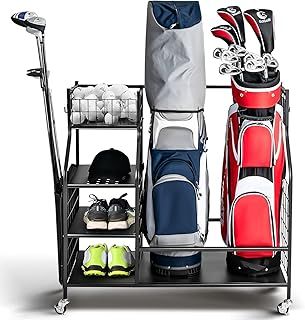 GYMAX Golf Storage Rack, Extra Large Golf Bag Stand Storage Rack with Lockable Universal Wheels and Removable Hooks, All-in-1 Golf Garage Organizer for Golf Clubs