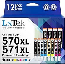 LxTek 570XL 571XL Ink Cartridges Compatible for Canon PGI-570 CLI-571 570 571 for Canon PIXMA MG5750 MG5751 MG5700 TS5050 TS5051 MG6851 MG6850 MG5753 MG6852 (PGBK Yellow Black Magenta Cyan,12Pack)
