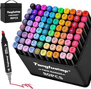 Tongfushop 80 Colored Marker Set, Colouring Pens for Adults, Art Felt Tip Pens, Dual Tip Permanent Alcohol Markers for Drawing, Sketching, Anime, Manga, Fun doodling with Carrying Case & Storage Base