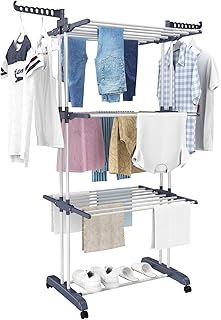 HOMIDEC Airer Clothes Drying Rack,4-Tier Foldable Clothes Hanger Adjustable Large Stainless Steel Garment Laundry Racks for Indoor Outdoor