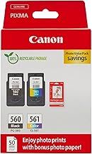 Canon Ink & Paper Multipack - PG-560/CL-561 Genuine Printer Ink Cartridges 2 Pack (1 x Black, 1 x Colour) & 4x6 Photo Paper (50 x Sheets)