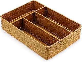DECRAFTS Seagrass Storage Basket with Compartments Utensil Tray for Organization Silverware Flatware Rectangular Shelf Baskets with 4 Sections Natural