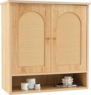 COSTWAY Bathroom Wall Cabinet, Wooden Storage Cupboard with 2 Rattan Doors & Open Shelf, Wall Mounted Medicine Cabinet Unit for Laundry, Kitchen, Living Room and Hallway, 62.5 x 28 x 65cm, Natural