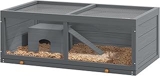 PawHut Wooden Hamster Cage, Small Animal Cage with Sliding Tray, Openable Top, Hut, Exercise Play House for Syrian Hamsters, Grey