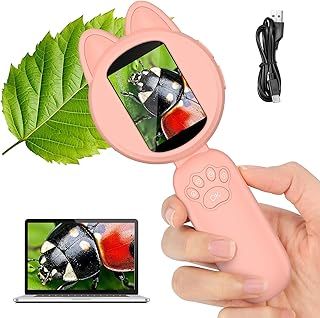GuKKK Microscope for Children, Digital Microscope with 2.0 Inch Screen, Children's Microscope, 1000x Zoom, 8 LEDs, Mini Microscope Camera for Children, Birthday Gifts Aged 3+ Years (Pink)