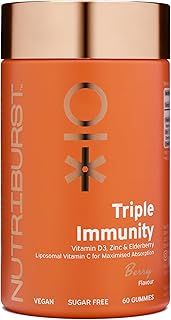 Triple Immunity - Liposomal Vitamin C (100mg), D3 (20µg), Zinc (7.5mg) + Elderberry Extract - Immune & Wellbeing Support - Vegan, Sugar Free Supplement - 60 Berry Gummies - 1 Month Supply