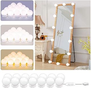 Hollywood Style Mirror Lights Kit DIY, LED Vanity Makeup Lamp 14 Globe Bulbs Dimmable Stick on to Mirror USB with 3 Light Colors & 10 Brightness Levels for Dressing Table Room, Bathroom, Bedroom