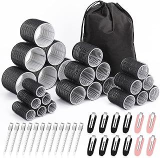 Hair Curlers Set with 24 Rollers (6 Jumbo, 6 Large, 6 Medium, 6 Small) and 24 Clips for All Hair Lengths (Black)
