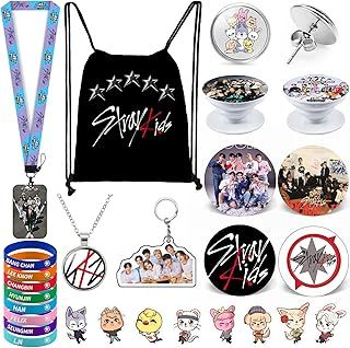 ZHENGGE Kpop Stray Kids Gifts Set, Including Drawstring Bag Backpack, Necklace, Earrings, Bracelets, Button Pins, Lanyard ID Holder, Keychain, Phone Ring Holder, Cartoon Badge