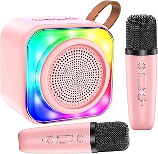 Karaoke Machine for Kids Adults, Mini Karaoke Machine with 2 Wireless Microphones, Portable Bluetooth Speaker with Voice Changing Effects & LED Lights, Best Gifts Toys for Girls and Boys