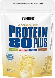 Weider Protein 80 Plus (500 g) Vanilla Flavor Multi-Protein Source: Casein, Milk Protein Isolate, Whey, Egg Albumin, Powder for Creamy Low Fat and Low Sugar Shakes, Delicious Taste