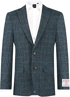 Harris Tweed Mens Dark Blue Windowpane Check Tweed Jacket Regular Fit 100% Wool Notch Lapel