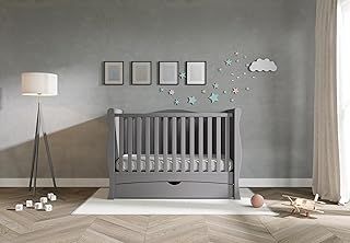 GILBERT Baby Sleigh Cot Bed with Drawer and Mattress 140x70x10cm | 3 in 1 Large Grey Cot Bed Converts to Toddler Bed Junior Bed