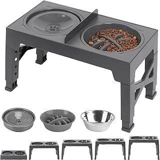 Raised Dog Bowl, 5 Heights Adjustable for Small Medium & Large Dogs, Elevated Dog bowls with 1x 1100mL Stainless Steel Bowl,1x Slow Feeder Bowl & 1x Non Spill Water Bowl, Non-Slip and No Spill