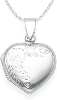 925 Sterling Silver Heart Locket Necklace with flower engraving on 16" curb chain 3gms - SIZE: 17mm x 17mm. Gift boxed 8021