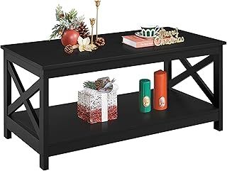 Yaheetech Black Coffee Table, 2-Tier Wood Coffee Table with Storage Shelf, X Design Center Tea Table for Living Room Home Office