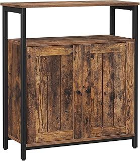VASAGLE Storage Cabinet, Multipurpose Cabinet, Sideboard, Adjustable Shelves, Slat Door, Steel Frame, for Living Room, Bedroom, Hallway, Industrial Style, Rustic Brown and Black LSC087B01