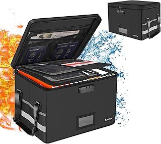 Tamfile Fireproof Document Box, Waterproof File Organiser Box with Lock, Collapsible File Storage Box with Zipper, Portable Home Office File Box with Handles for Hanging Letter/Legal Folder, Black